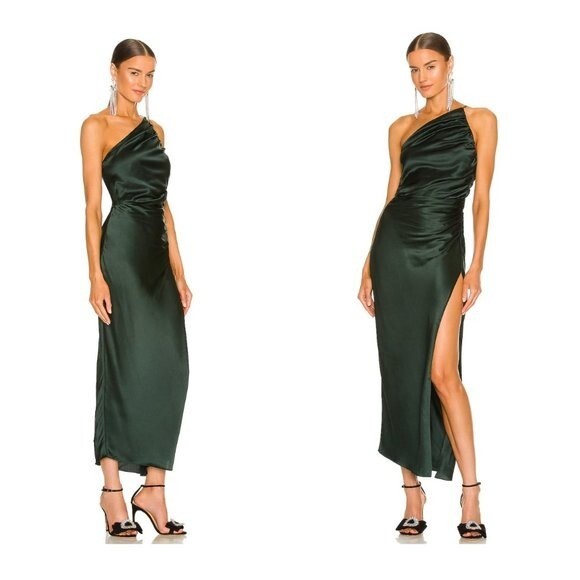 The Sei X REVOVLE NEW Green One Shoulder Silk Formal Cocktail Midi Dress Size 0